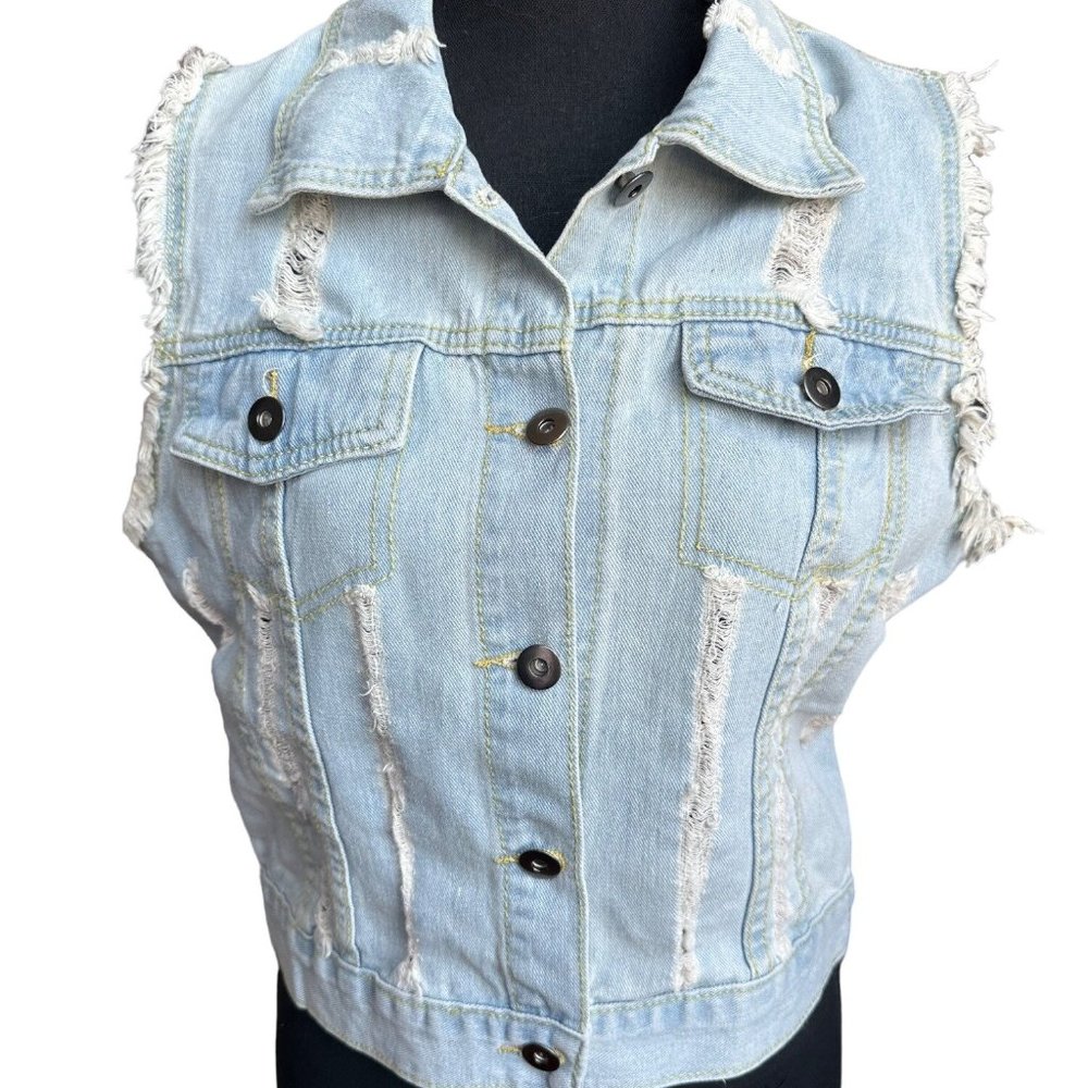 MISS MOLY Women's Denim Vest Sleeveless Distressed Classic Buttoned Size M